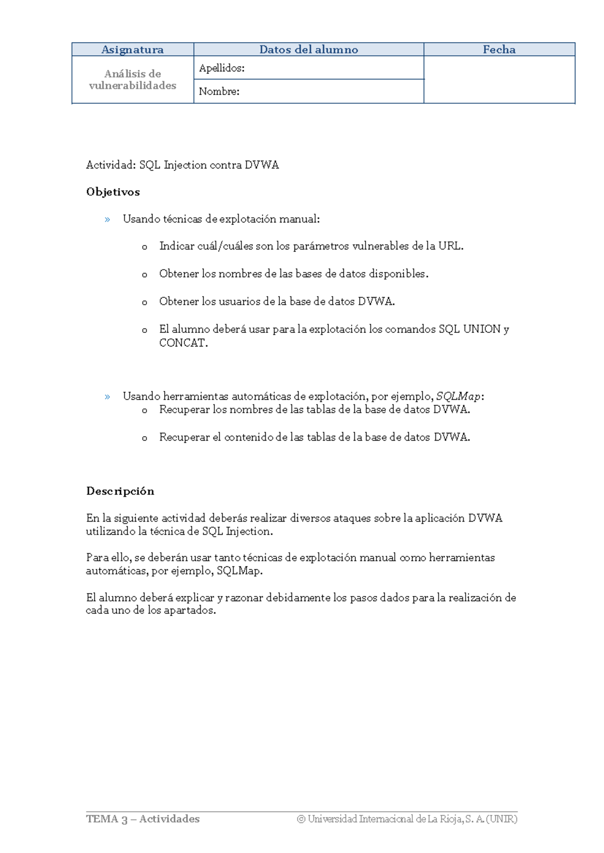 Actividad Realizar ataques SQL Injection a DVWA ECA - Análisis de ...