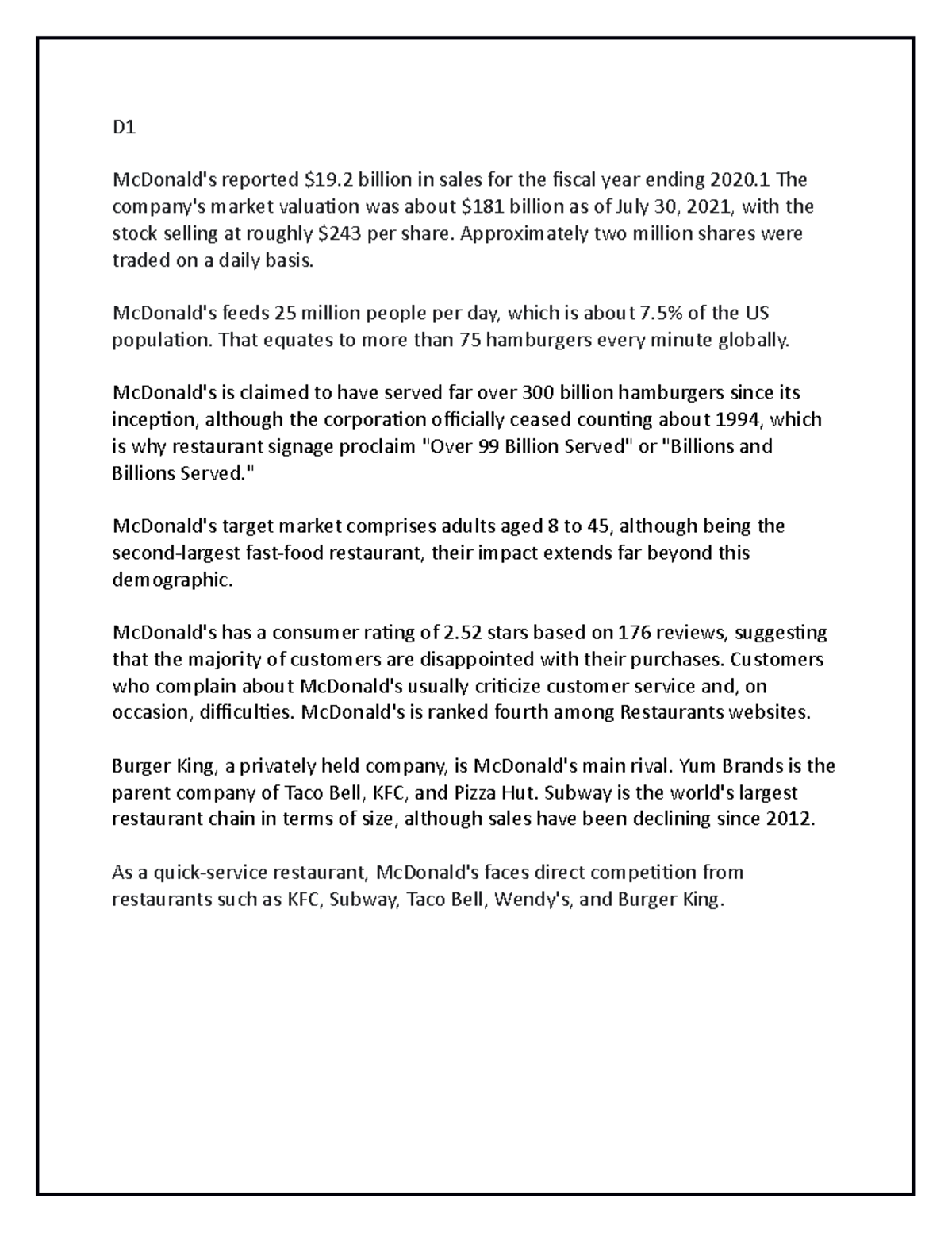 Unit 4 travel and tourism BTEC level 3 D McDonald's reported 19 billion in sales for the