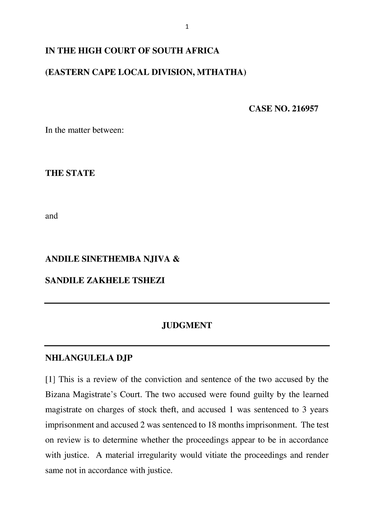 S V Njiva Case Law IN THE HIGH COURT OF SOUTH AFRICA EASTERN CAPE 