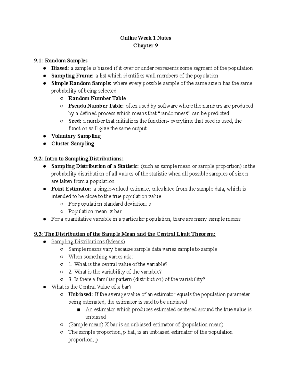 Week 1 Notes - Online Week 1 Notes Chapter 9 9: Random Samples Biased ...
