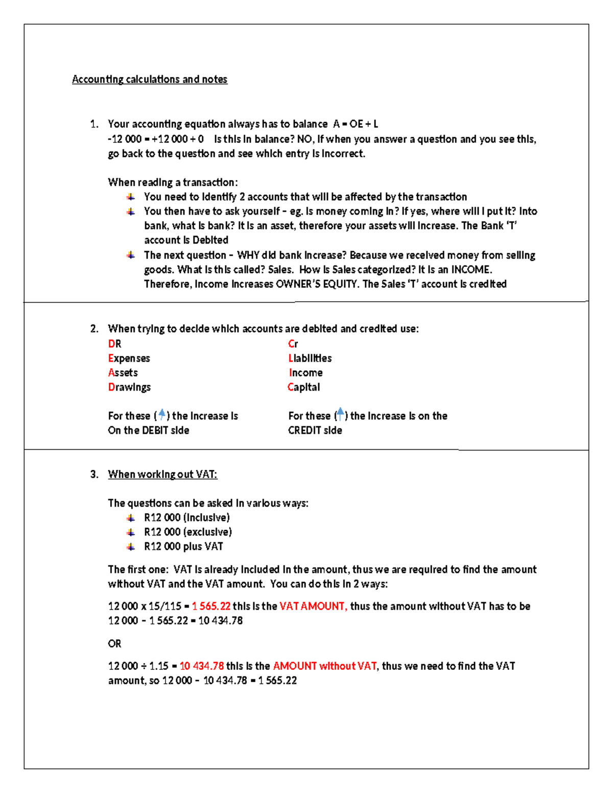 Accounting calculations and notes - Your accounting equation always has ...