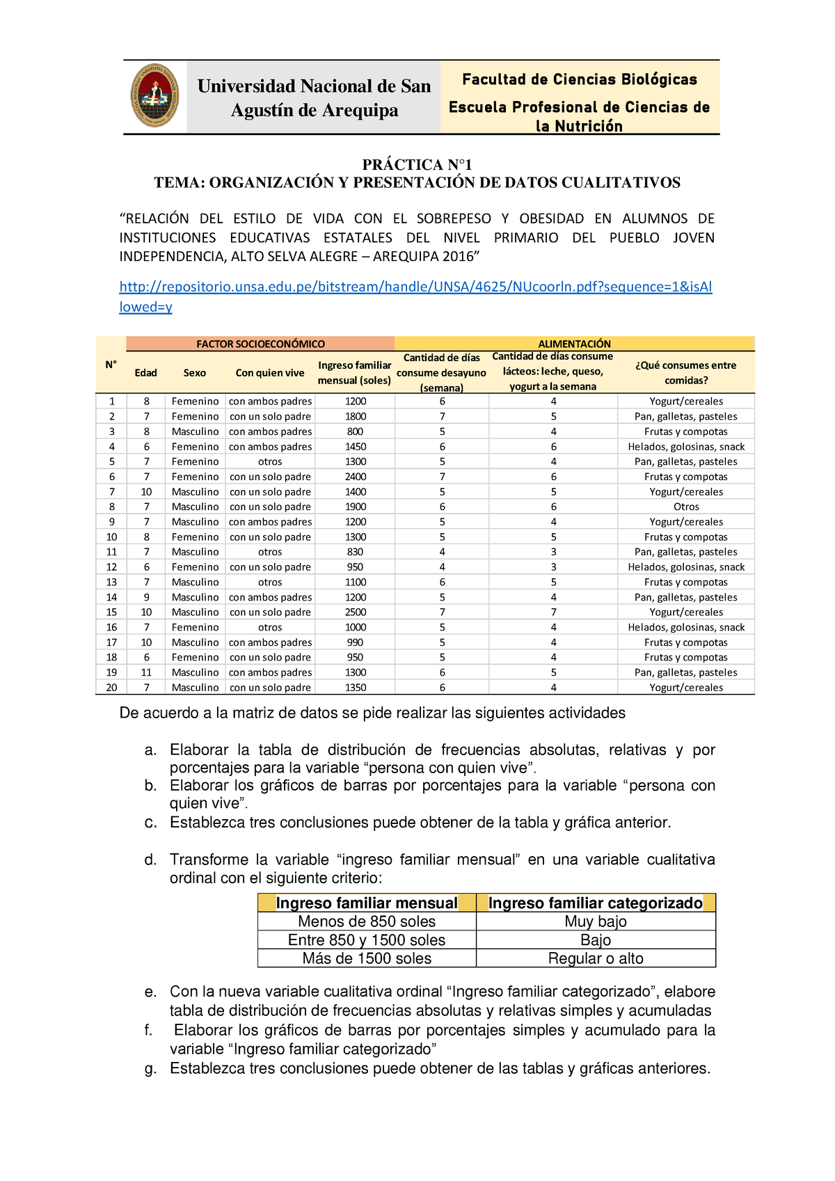 Práctica N 1 Organización De Datos Cualitativos PrÁctica N° Tema OrganizaciÓn Y 8862