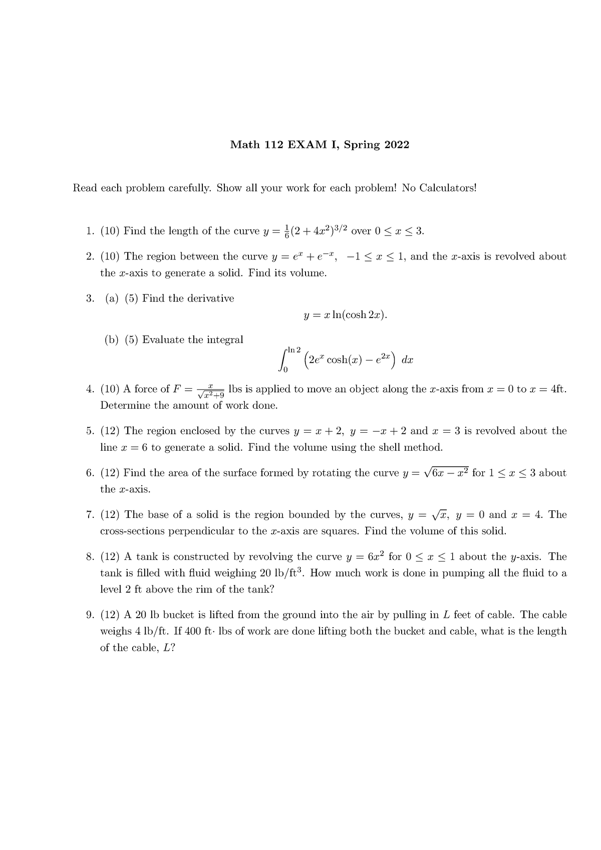 NJIT Common 1 Math 112 EXAM I, Spring 2022 Read each problem