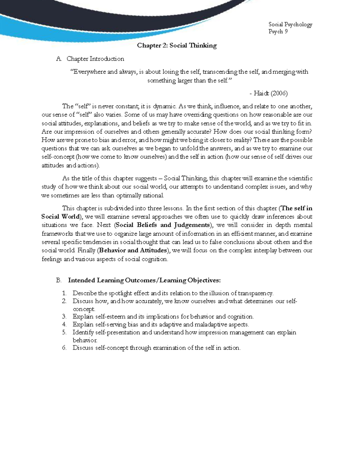 Lesson 2 I Self in Social World 090202 - Psych 9 Chapter 2: Social ...