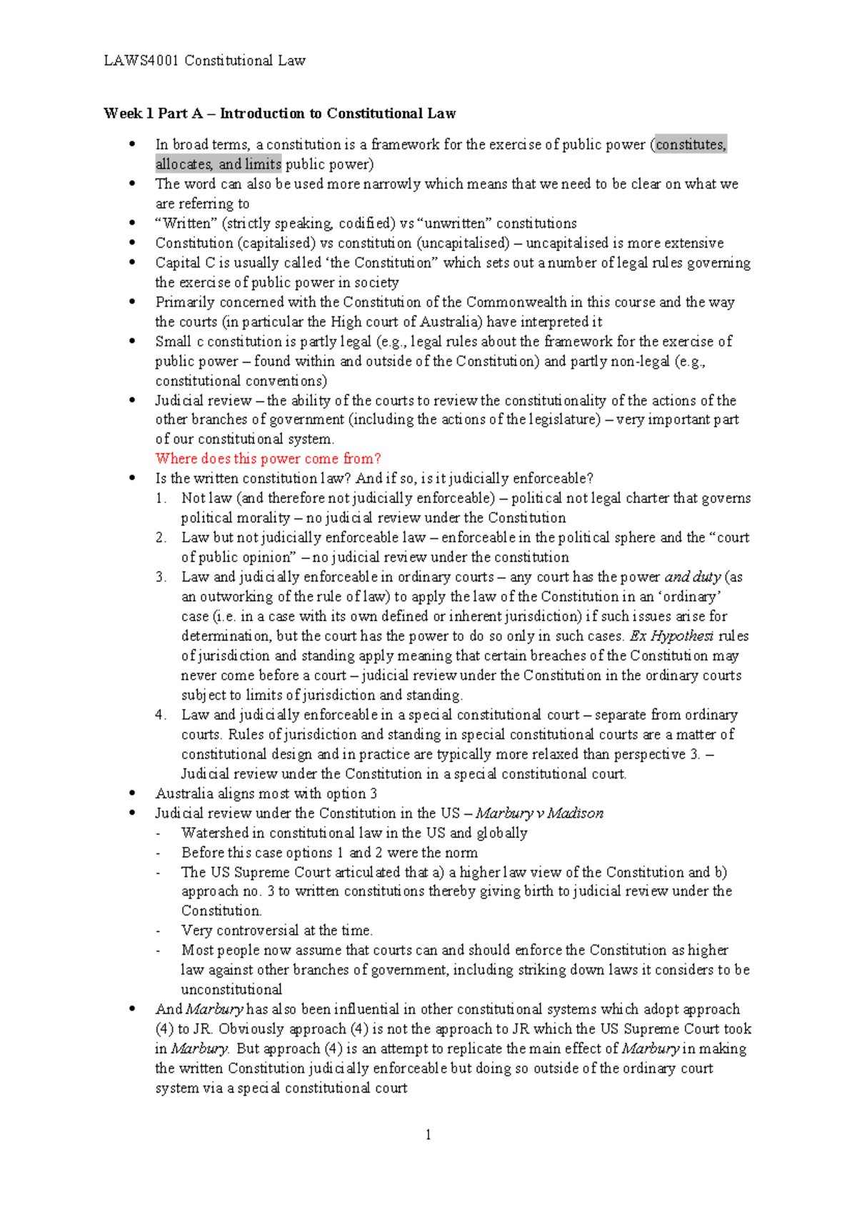 LAWS4001 - Week 1 Part A – Introduction to Constitutional Law In broad ...