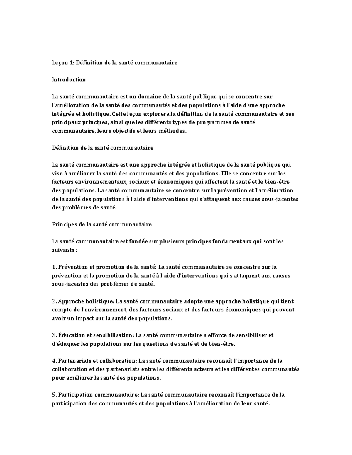 Community Health Leçon 1 Définition de la santé communautaire