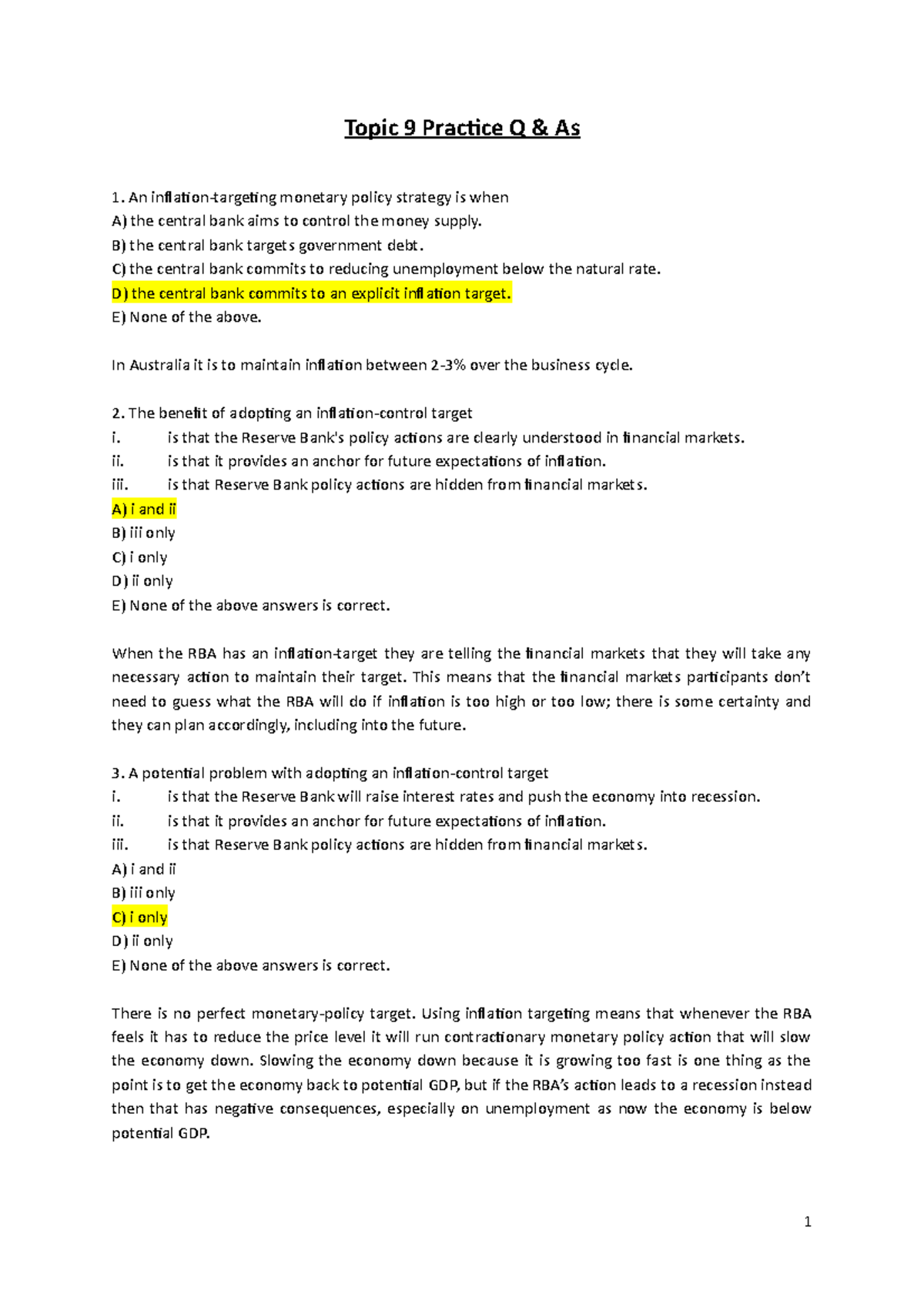 Topic 9 Q&As - Week 9 Answers - Topic 9 Practice Q & As An inflation ...