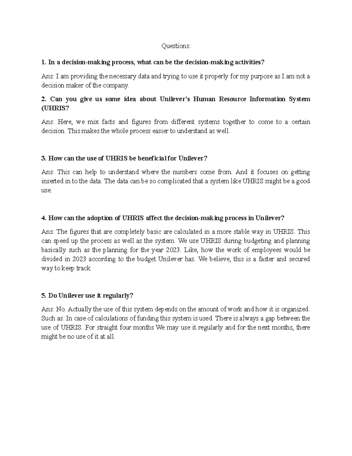 Unilever's Interview Questionnaire Questions In a decisionmaking