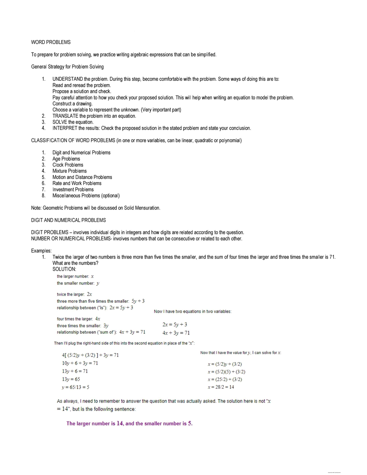 Algebra Word Problems - Lecture notes 12 - BS Civil Engineering - Studocu