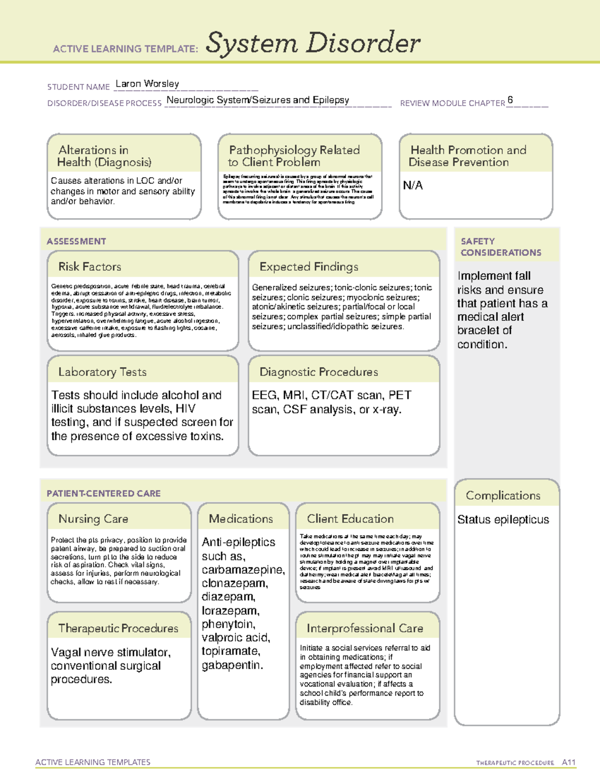  Ati System Disorder Template Seizures 