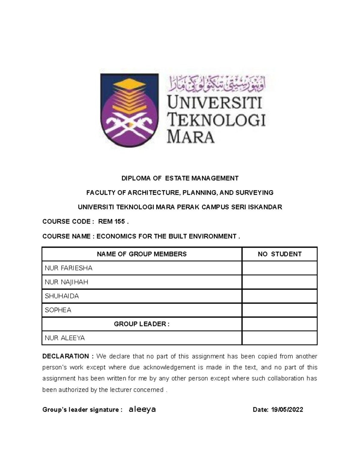 Assingment REM 155 - This is assignment of REM155. We given task to ...