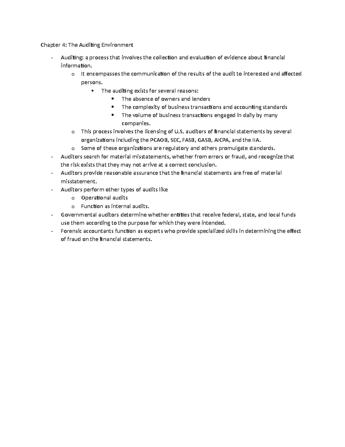 Chapter 4 summary - Chapter 4: The Auditing Environment Auditing: a ...