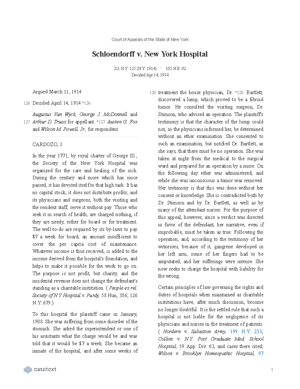 Schloendorff v. New York Hospital Court of Appeals of the State of