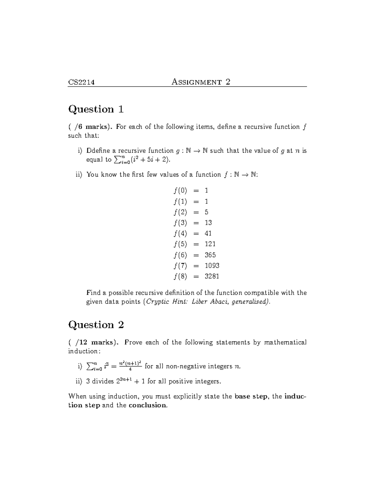 2214 Assignment 2 Instructions - CS2214 Assignment 2 Question 1 ( /6 ...
