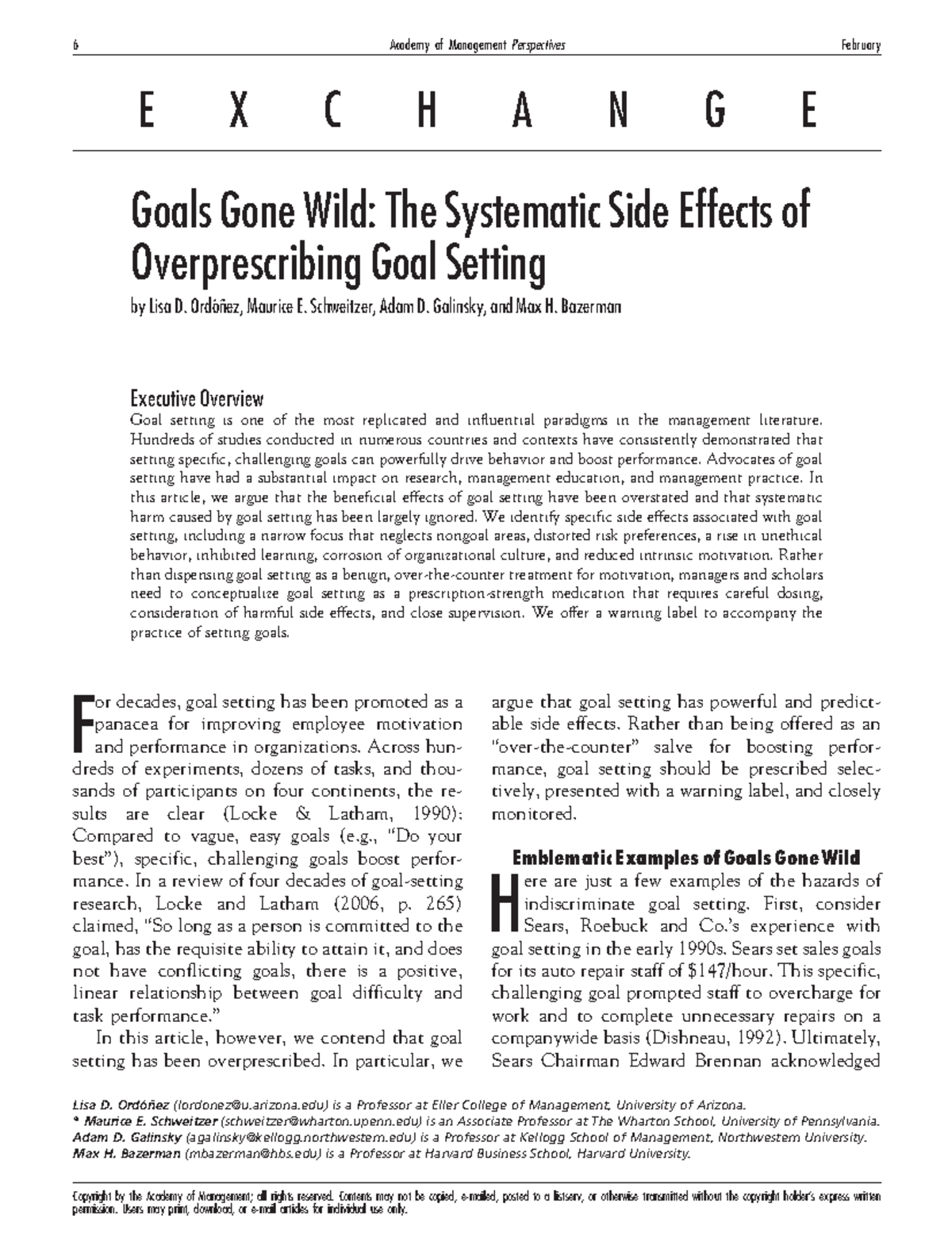 When goals gone wild Intro. to public admin. E X C H A N G E Goals