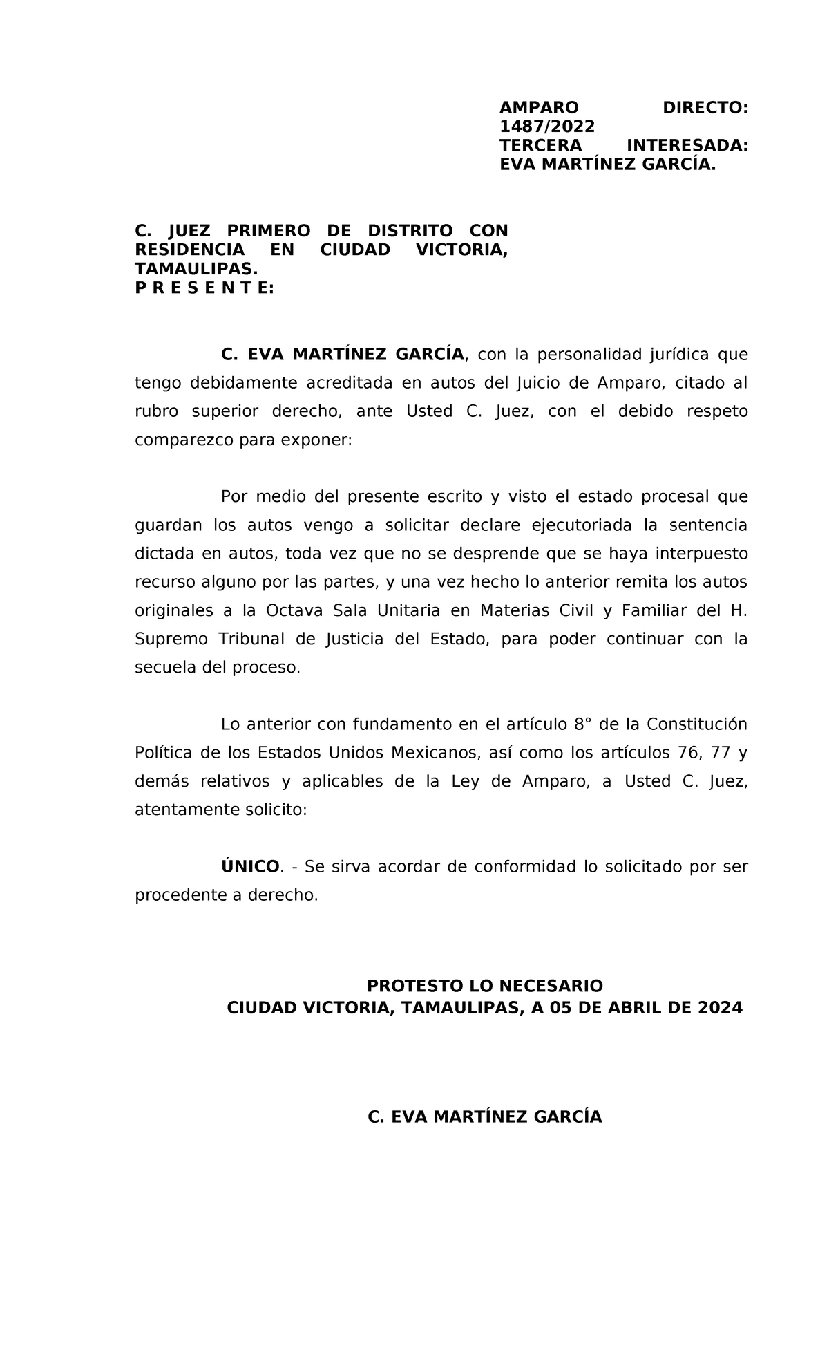 Declare Ejecutoria Amparo 1487 - AMPARO DIRECTO: 1487/ TERCERA