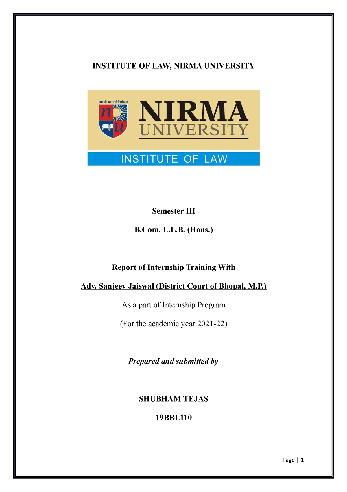 19BBL110 Internship Report - INSTITUTE OF LAW, NIRMA UNIVERSITY ...