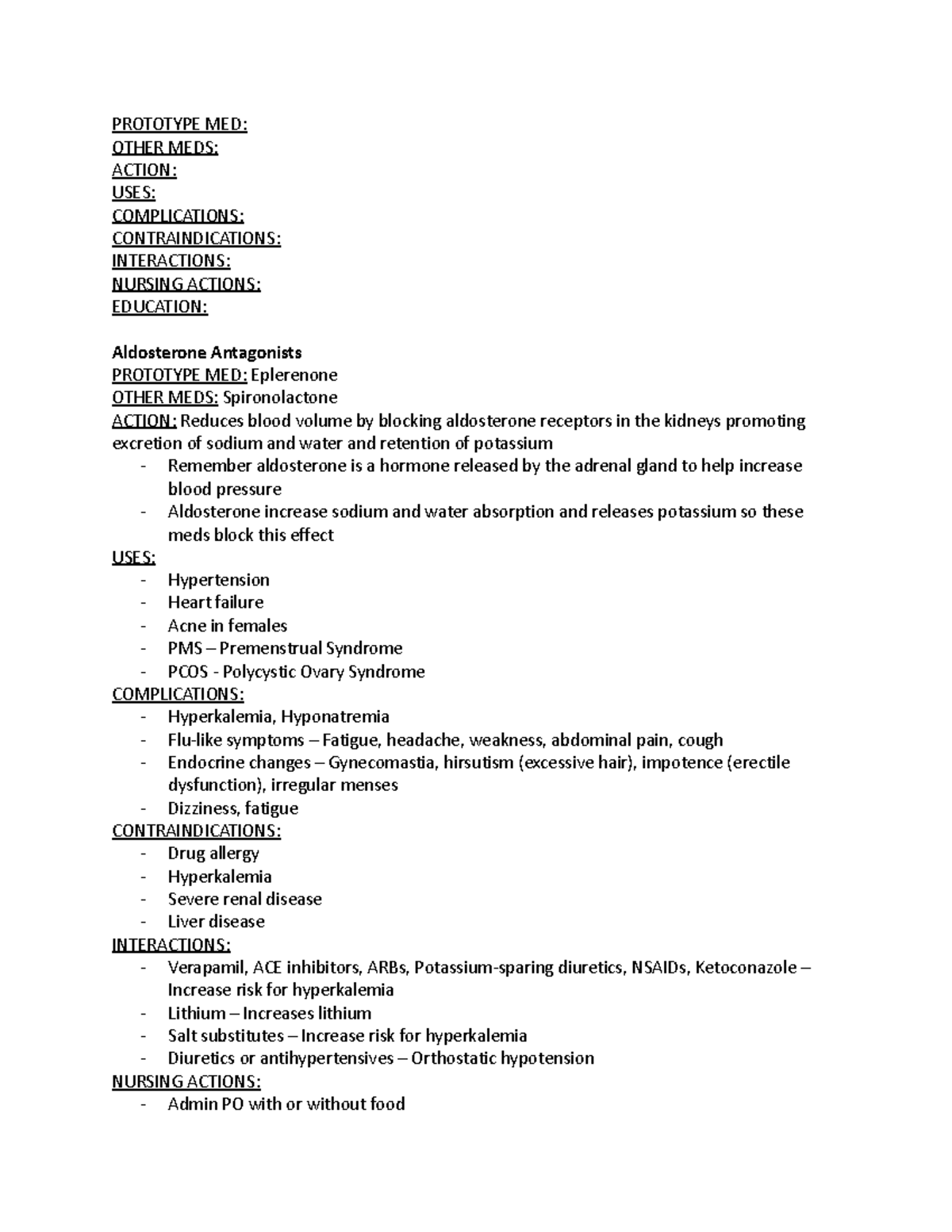 Unit 2 Pharm Notes - PROTOTYPE MED: OTHER MEDS: ACTION: USES ...
