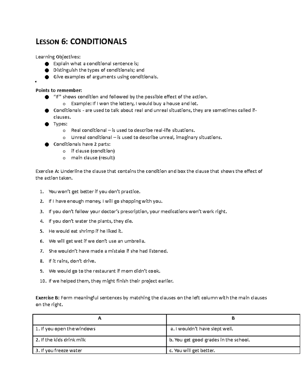 Handout Lesson 6-Conditionals - LESSON 6: CONDITIONALS Learning ...