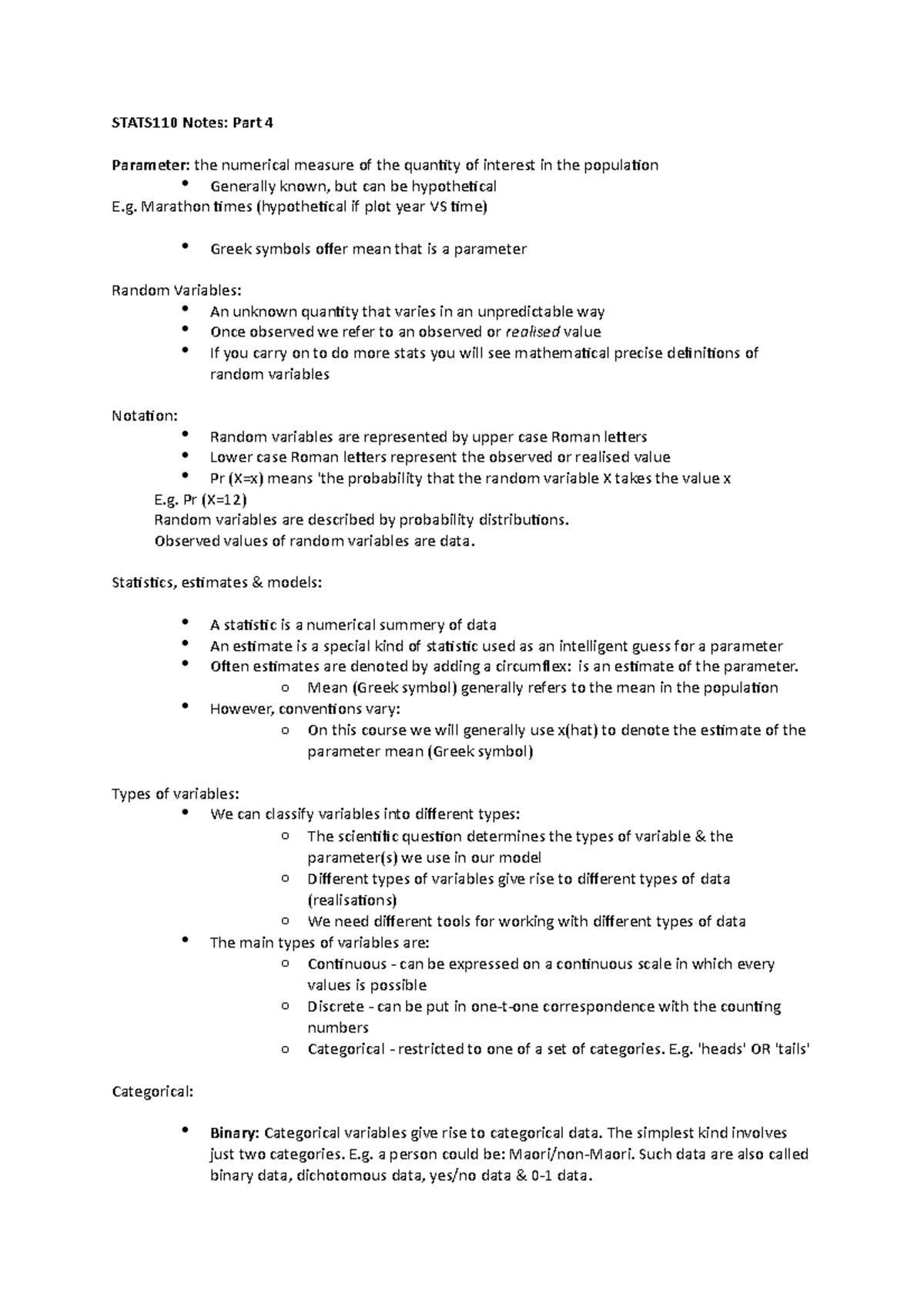 Stats 110 Notes - STATS110 Notes: Part 4 Parameter : the numerical ...