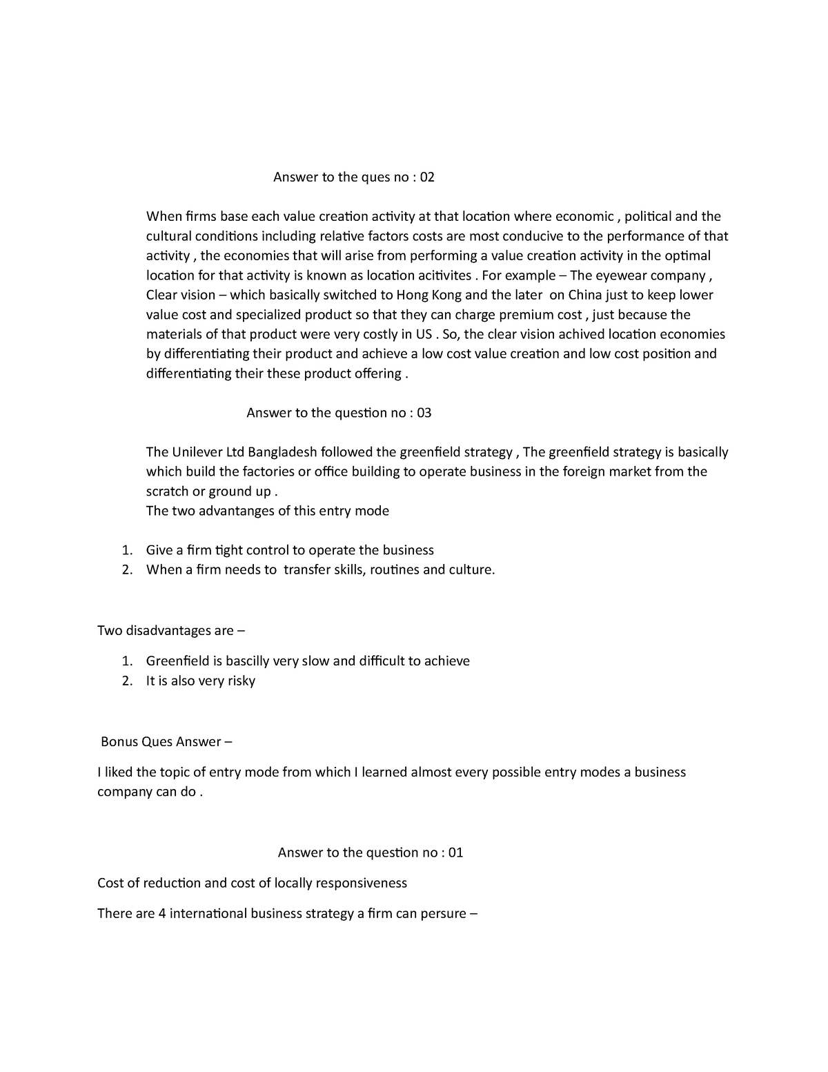 INB FINAl EXAM - Answer to the ques no : 02 When firms base each value ...