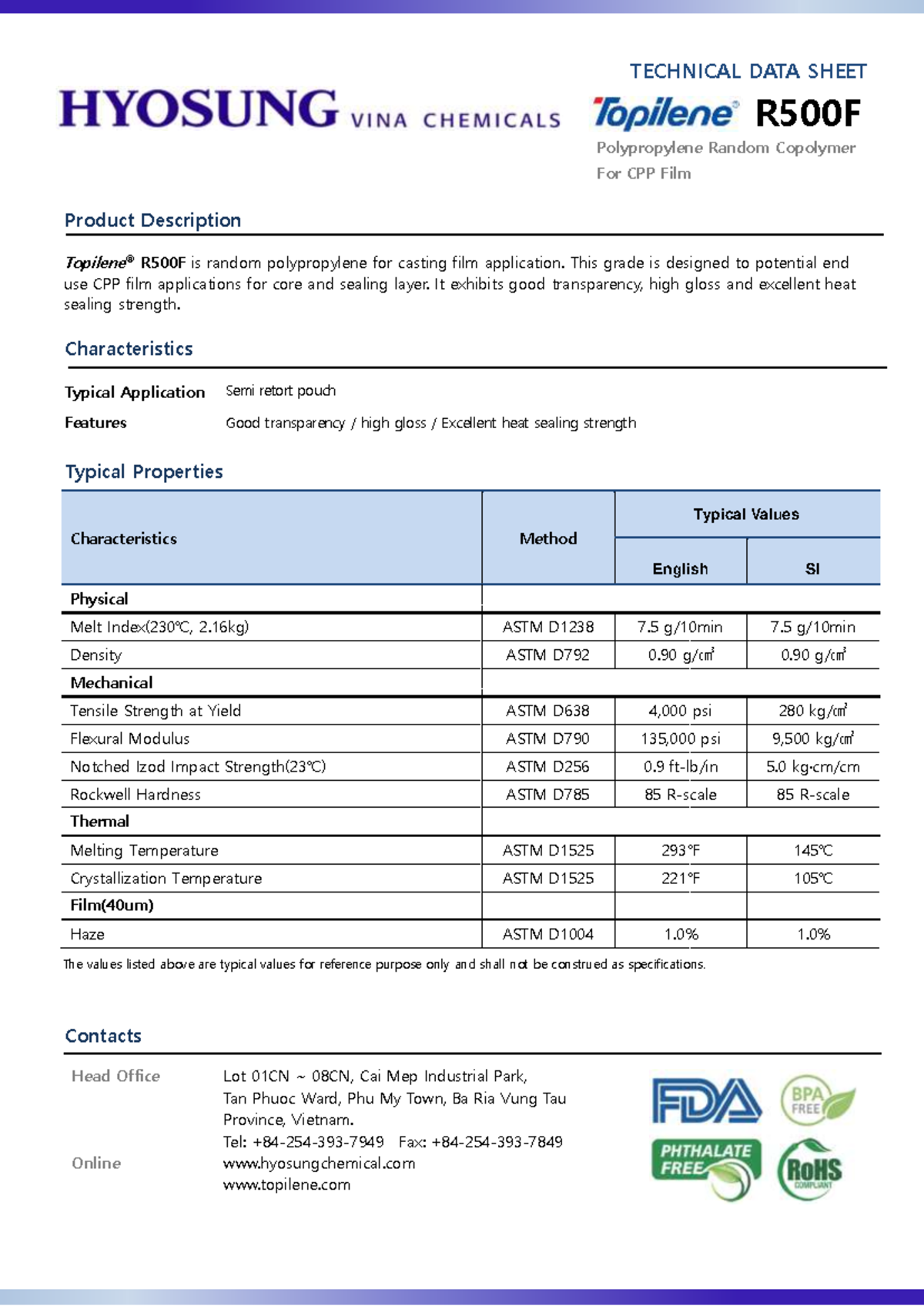 TDS Topilene R500F Eng - sssssssss - TECHNICAL DATA SHEET Contacts Head ...