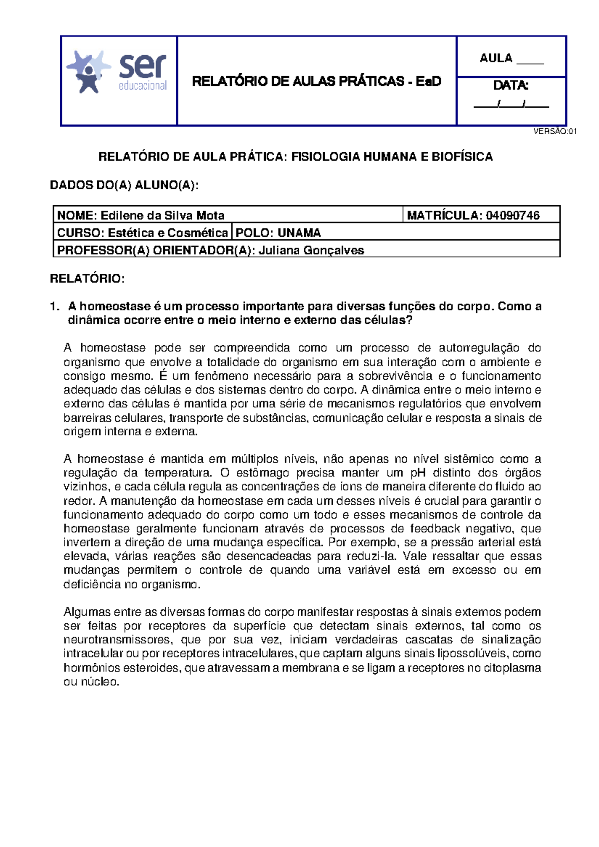 Relatório De Prática Fisiologia E Biofísica RelatÓrio De Aulas PrÁticas Ead Data 1992