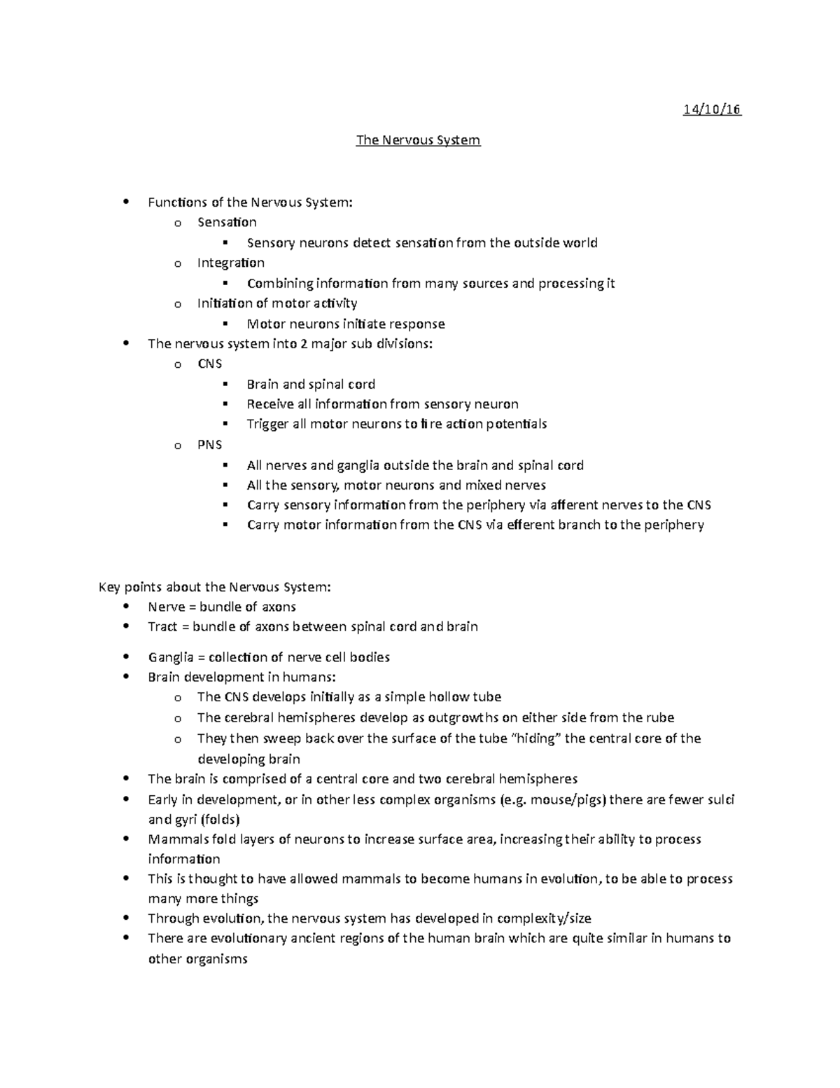 3. The Nervous System - Lecture notes 3 - 14/10/ The Nervous System ...