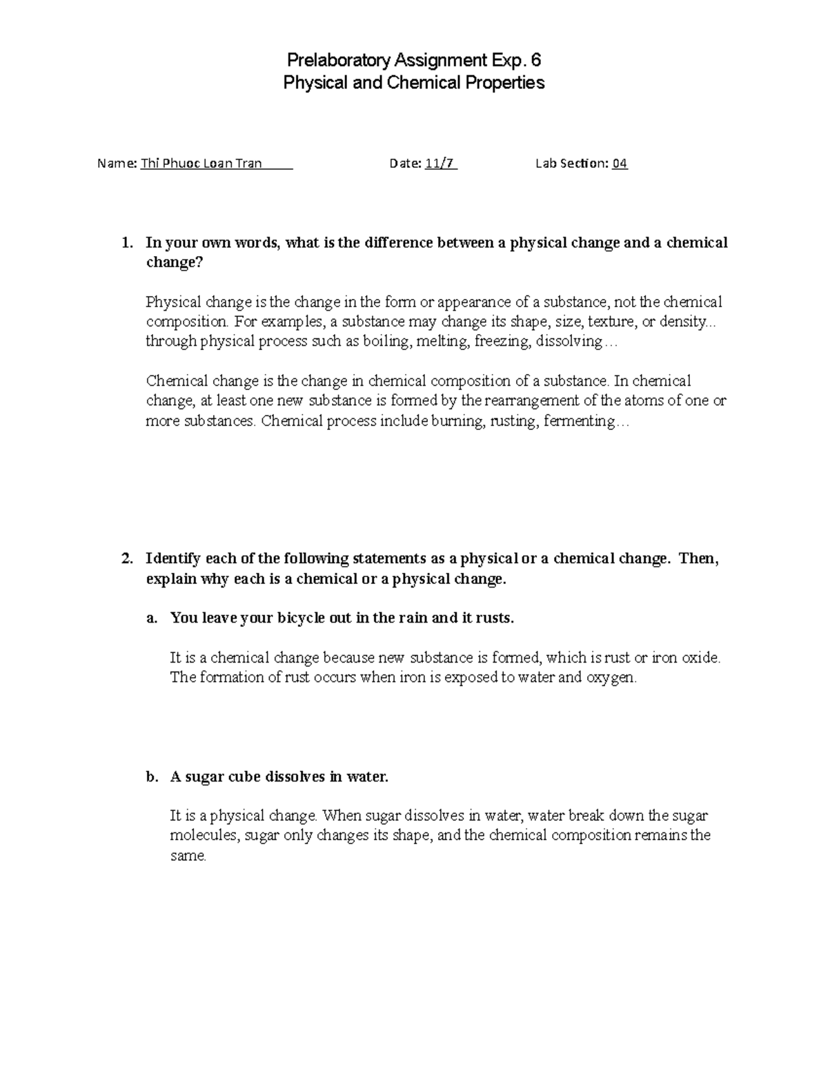 Physical and Chemical prelab - Physical and Chemical Properties Name ...