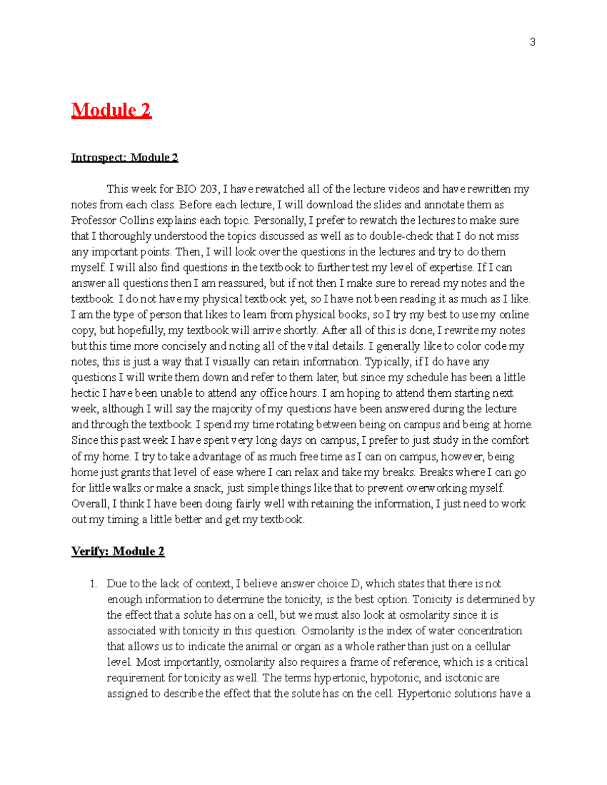 BIO 203 Modules 2-3 - Notes - 3 Module 2 Introspect: Module 2 This Week ...