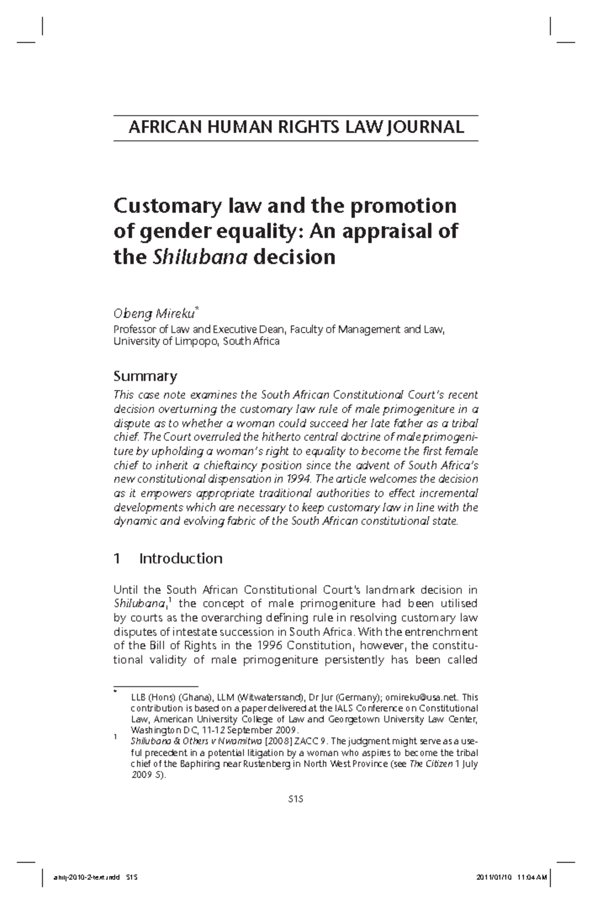 Shilubana And Others V Nwamitha African Human Rights Law Journal