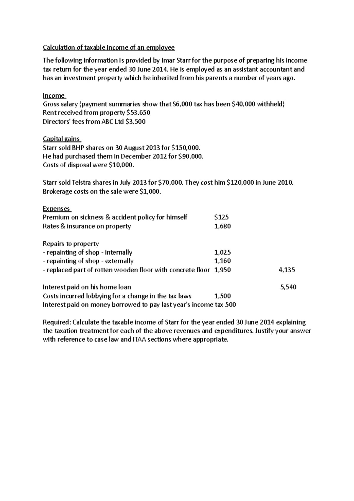 Tax - Study notes - Calculation of taxable income of an employee The ...