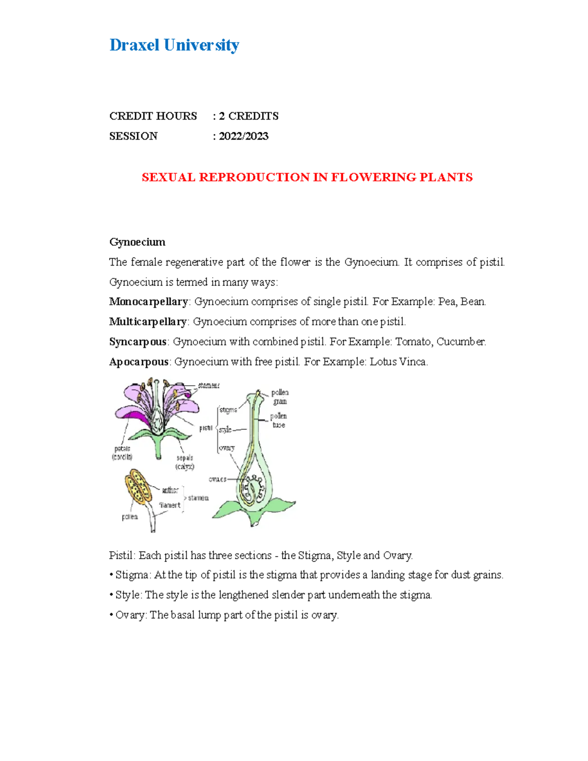 Lecturer Notes Sexual Reproduction in Flowering Plants Chapter 3 ...