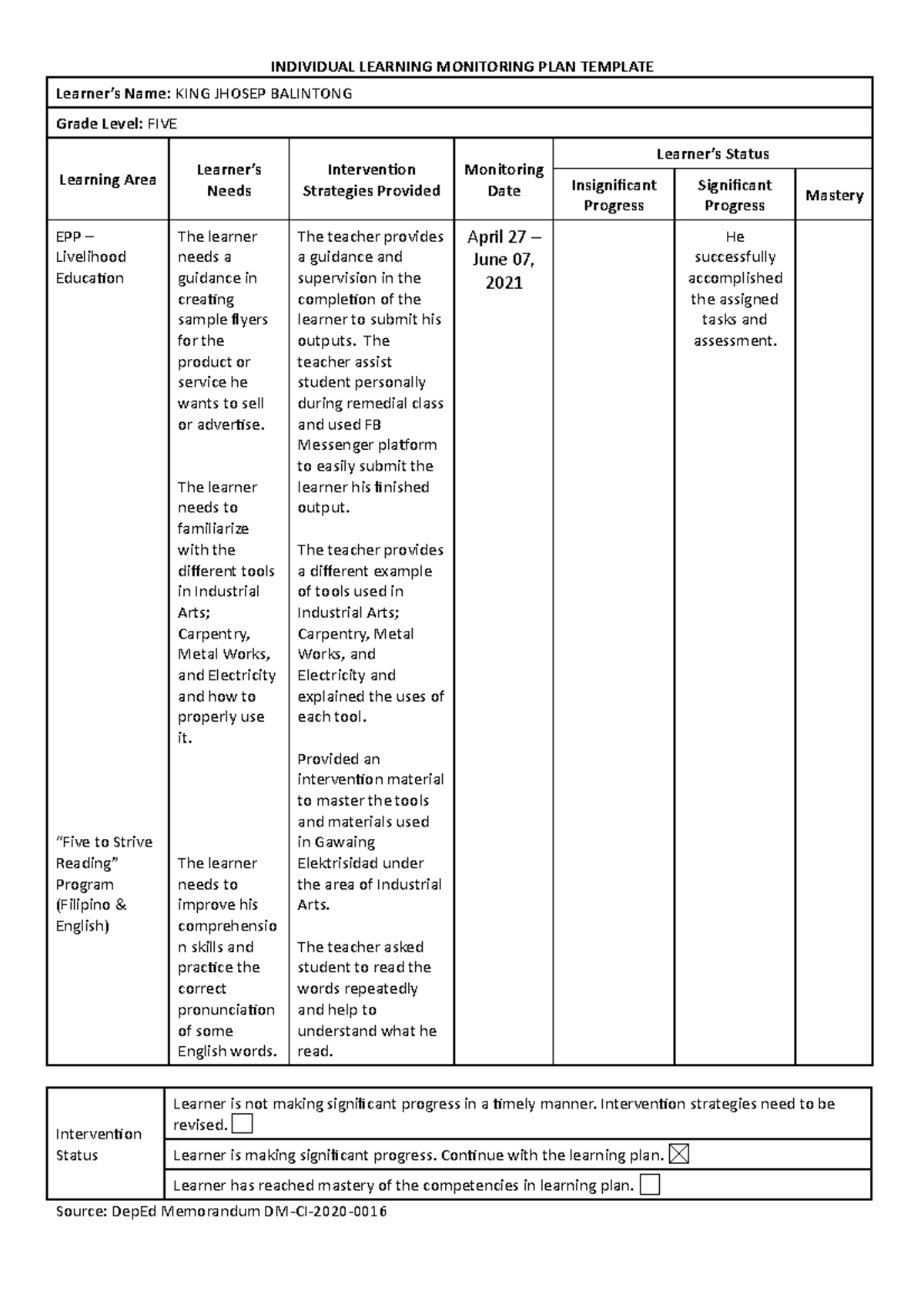 Objective 11 - Evaluation - INDIVIDUAL LEARNING MONITORING PLAN ...