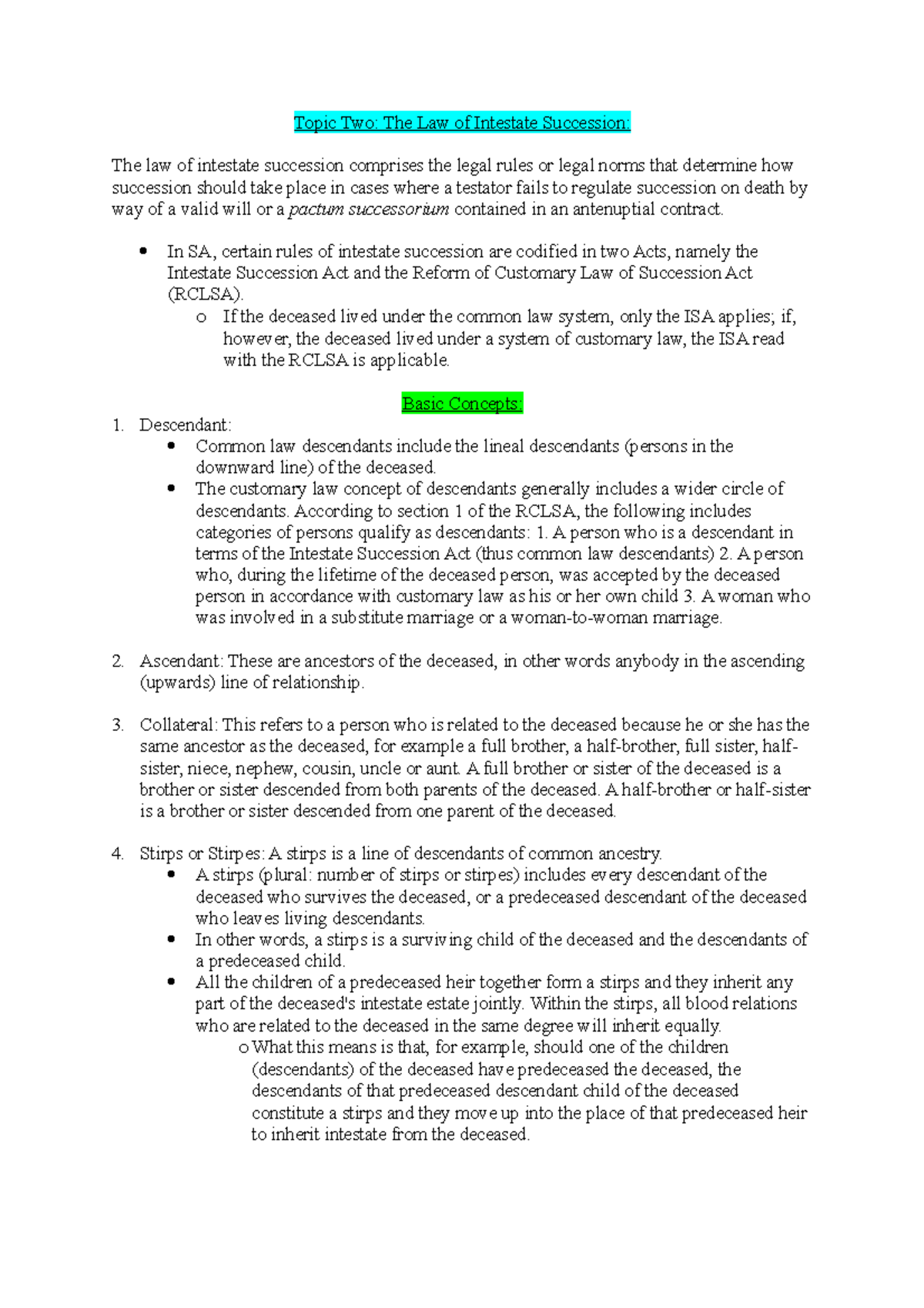 Topic Two, The Law of Intestate Succession - In SA, certain rules of ...