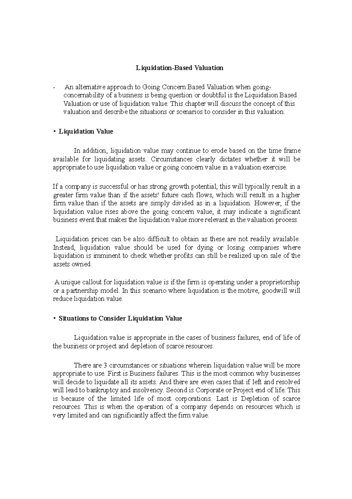 Liquidation based Valuation notes - Liquidation-Based Valuation An ...