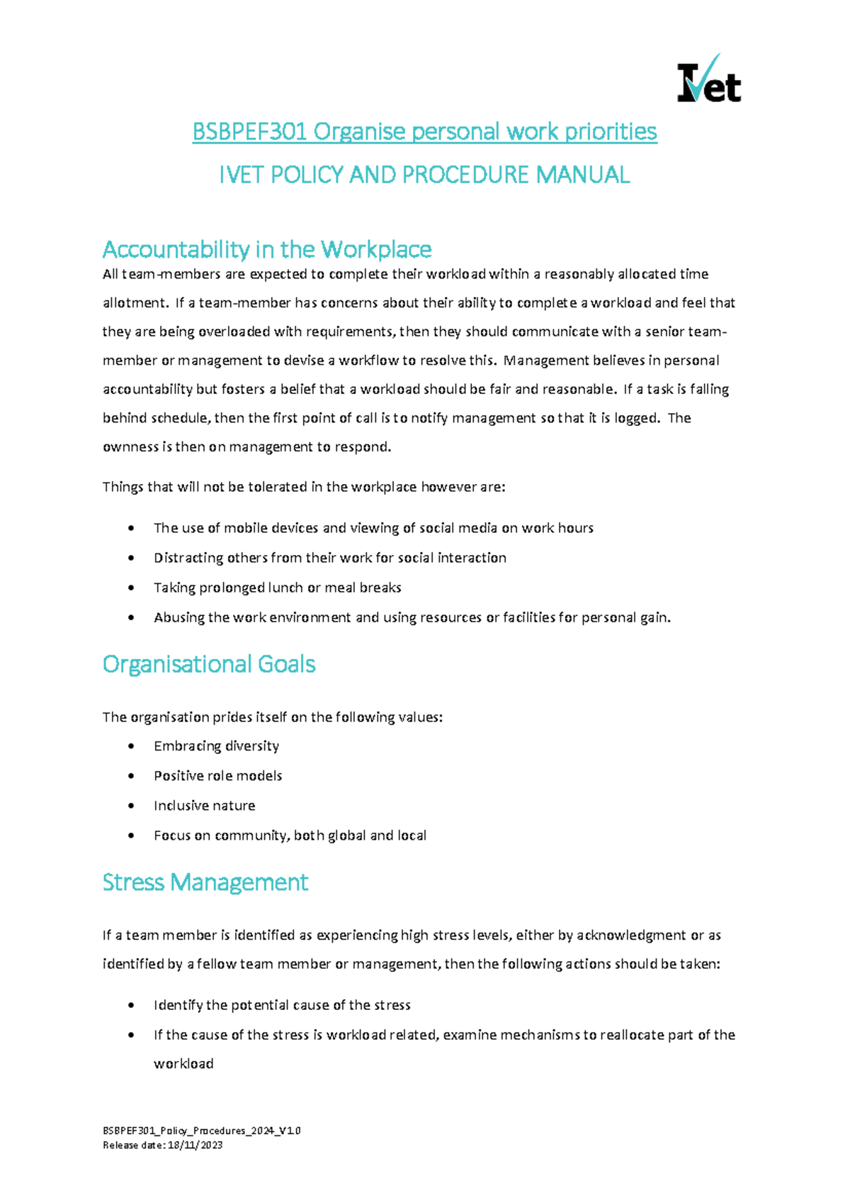1700378342 Bsbpef 301 IVET Policies Procedures BSBPEF301_Policy