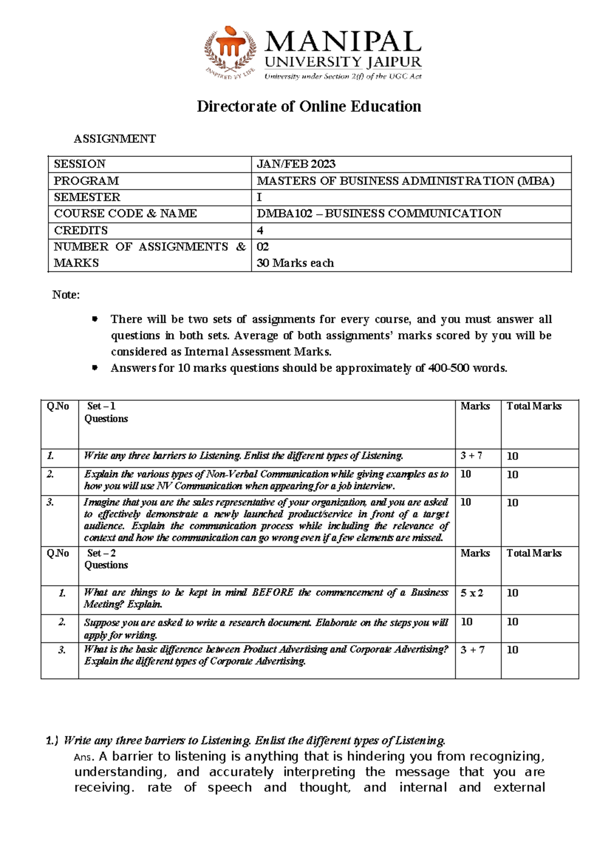 Assignment_DMBA102_MBA_Set1 and 2_Jan-Feb_2023 - ASSIGNMENT SESSION JAN ...