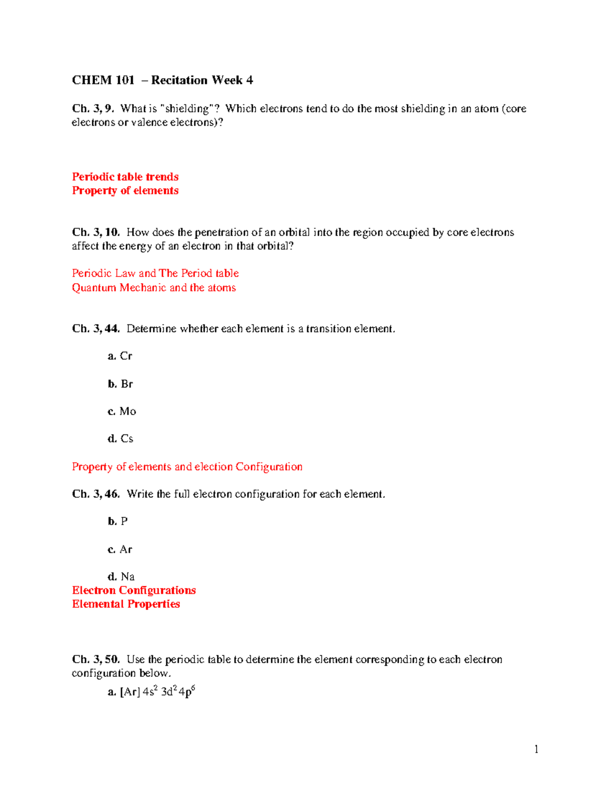 CHEM 101 Recitation Week 4 - 1 CHEM 101 – Recitation Week 4 Ch. 3, 9 ...