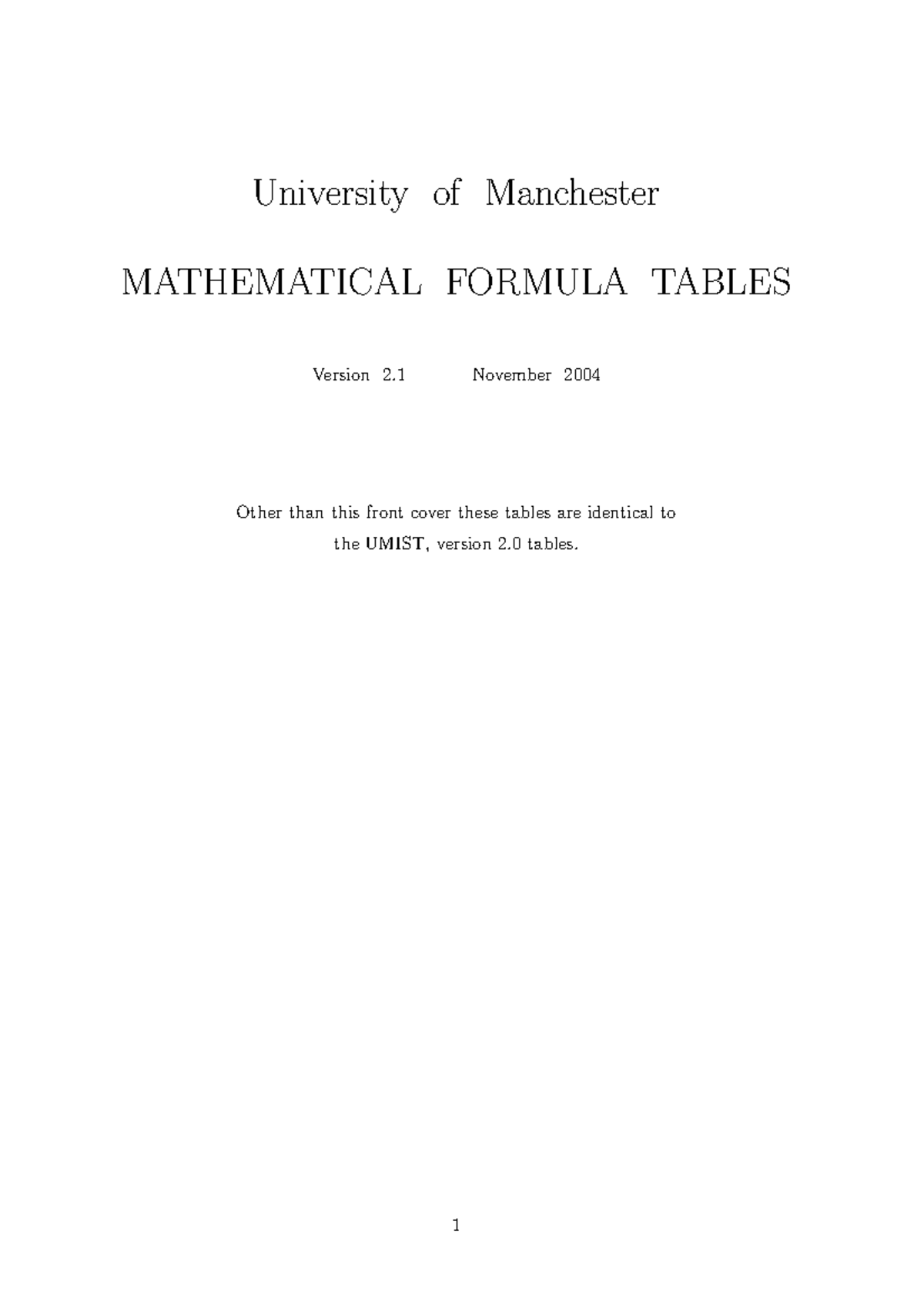 Math formula UoM - University of Manchester MATHEMATICAL FORMULA TABLES ...