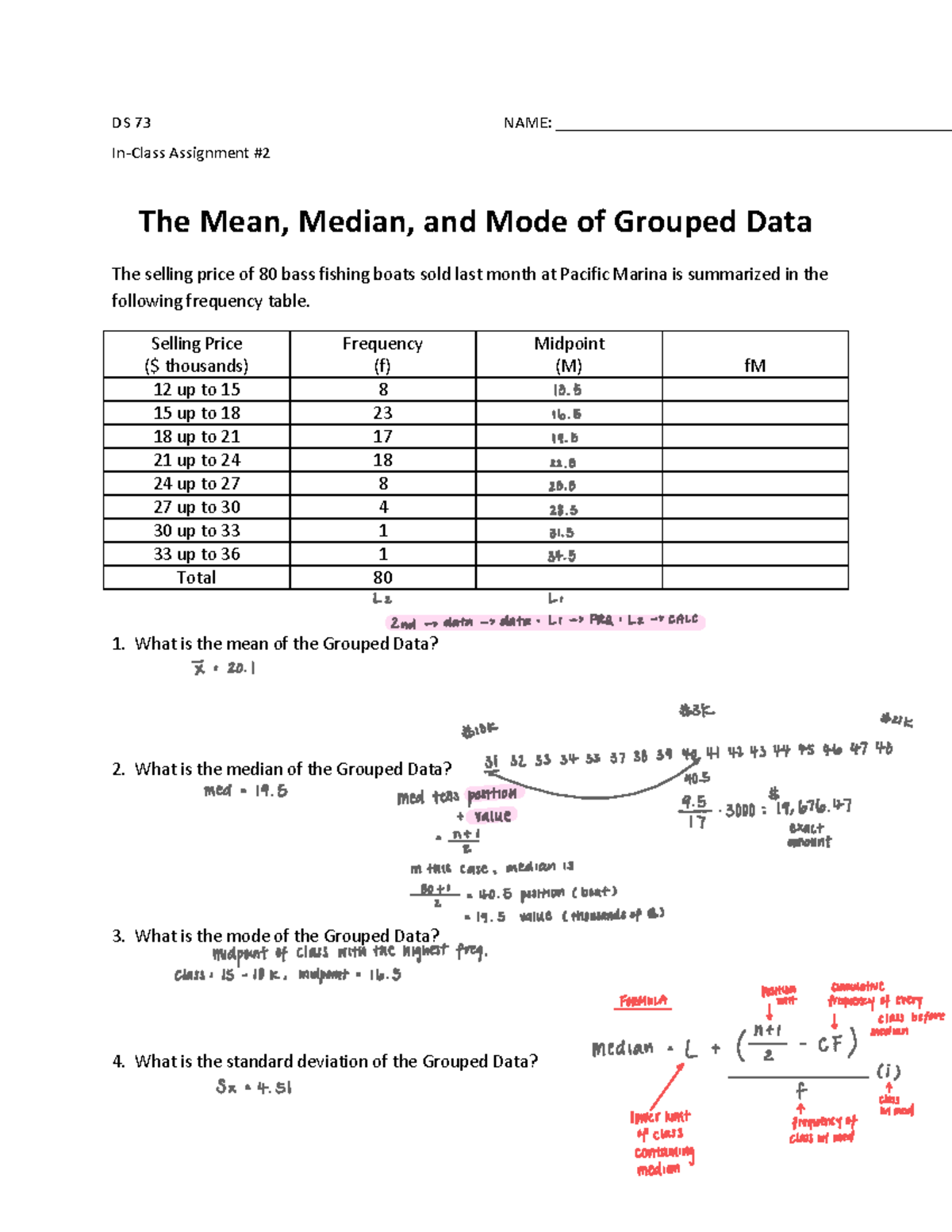 2- the mean, median, and mode of grouped data - DS 73 NAME: In-Class ...