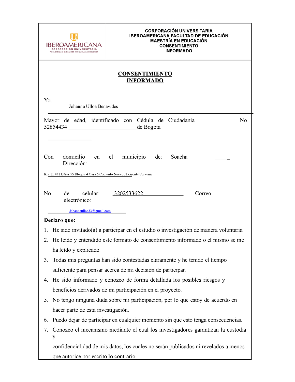 Formato Consentimiento Informado CorporaciÓn Universitaria Iberoamericana Facultad De 6619