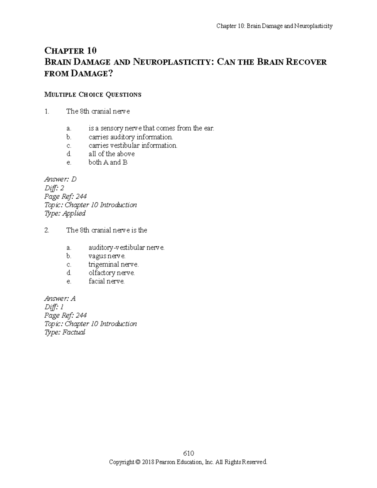 Ch10 Tb - Test Bank Ch10 WITH EXPLANATIONS - CHAPTER 10 BRAIN DAMAGE ...