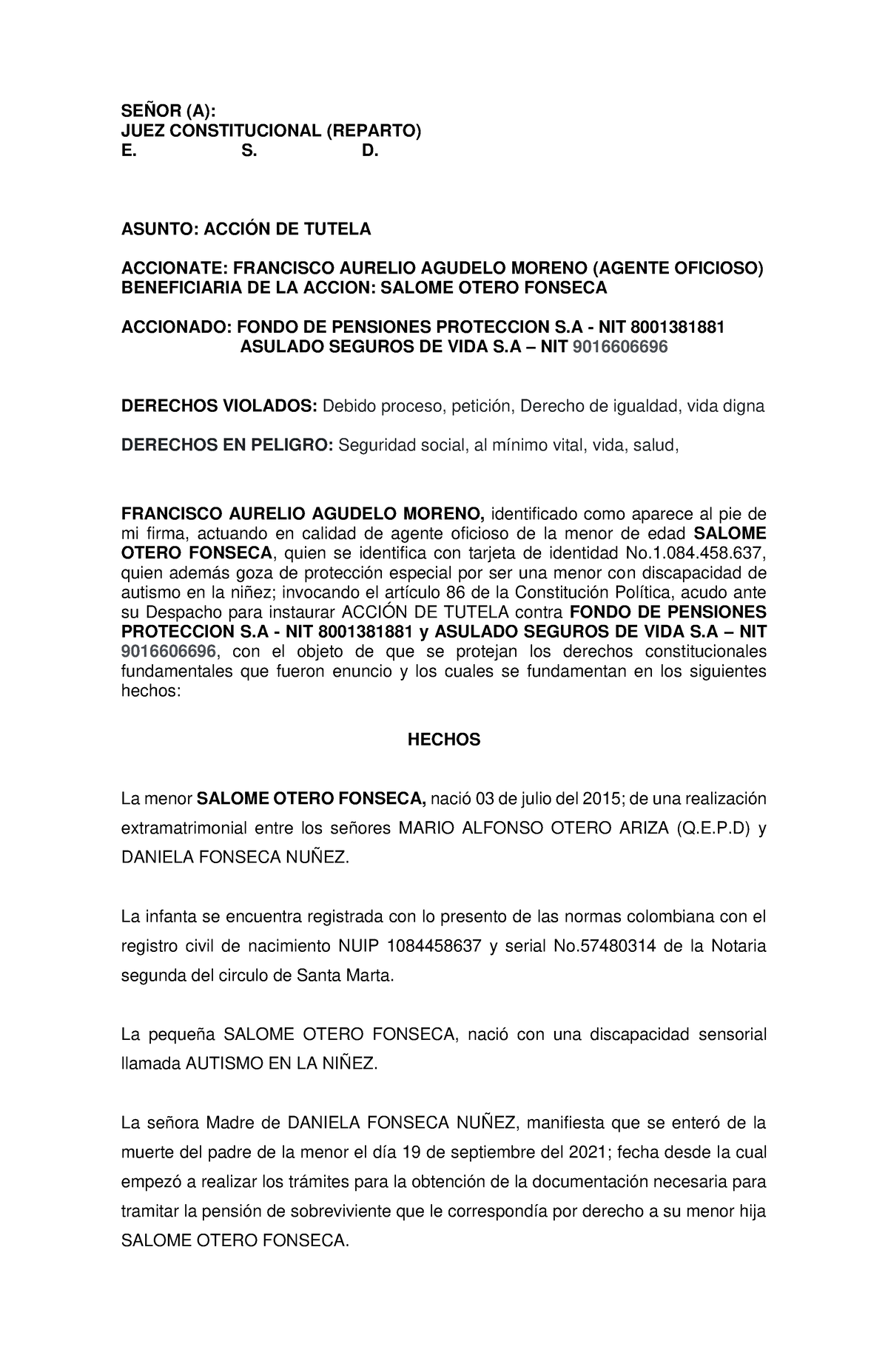 Accion de tutela Salome Otero Fonseca - SEÑOR (A): JUEZ CONSTITUCIONAL ...