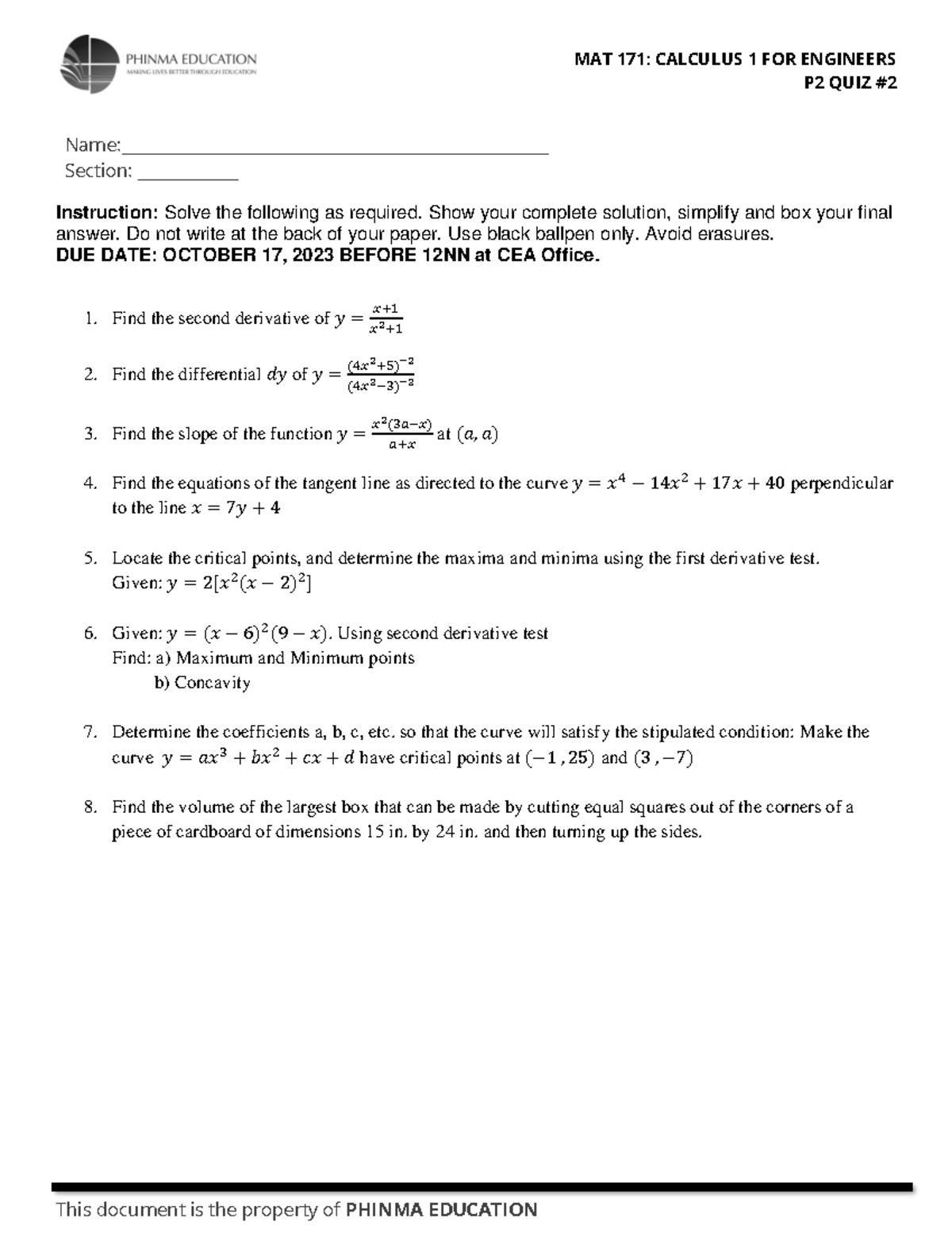 Reviewer in 1st year college - MAT 171: CALCULUS 1 FOR ENGINEERS P 2 ...