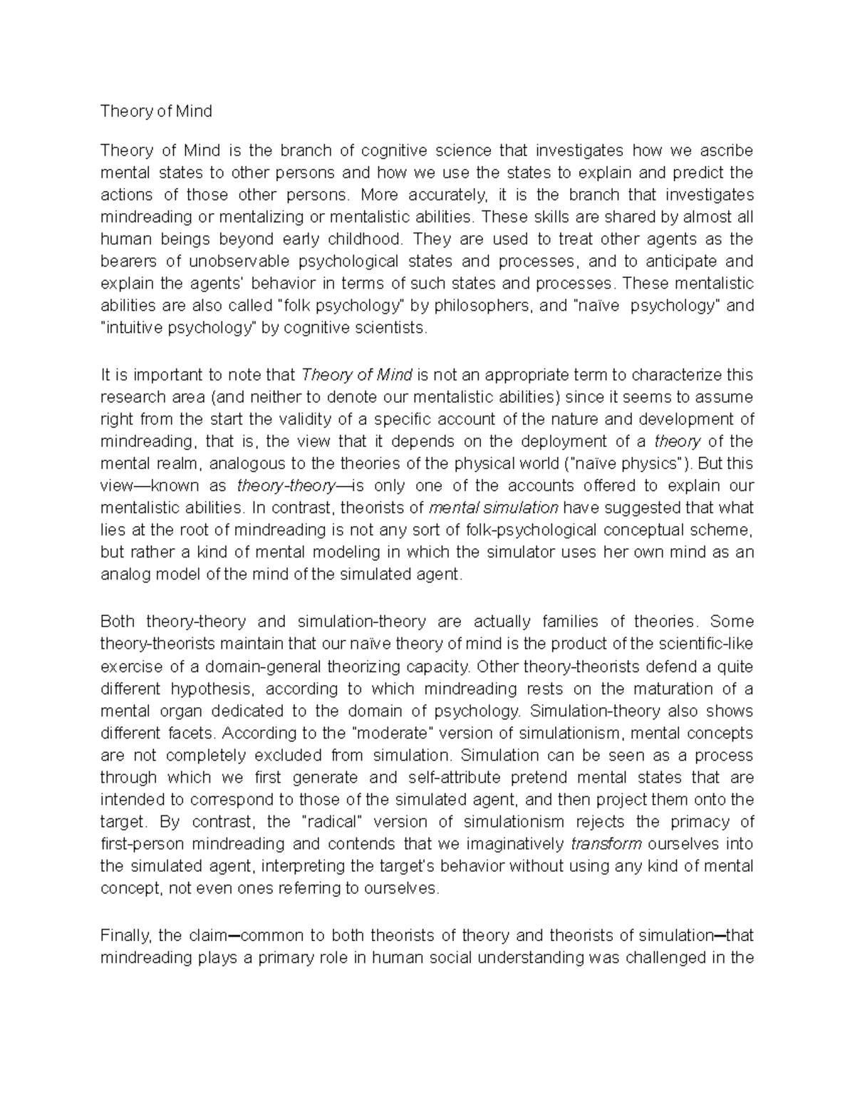 Phil of Law Notes Assignment Summary #26 - Theory of Mind Theory of ...
