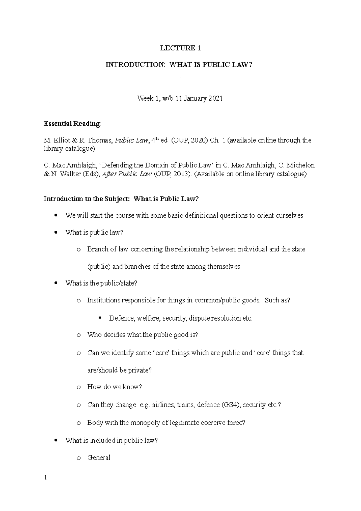 Public Law - Lecture notes - LECTURE 1 INTRODUCTION: WHAT IS PUBLIC LAW ...