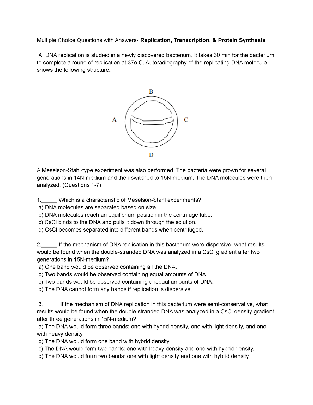 Multiple Choice Questions Replication Transcription Protein Synthesis Multiple Choice Studocu