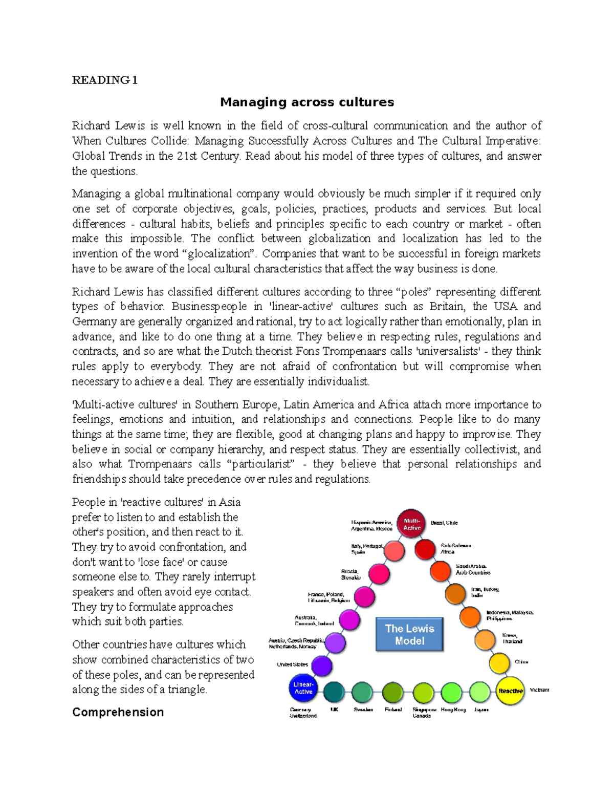 Reading 1 UNIT 4 - assignment - READING 1 Managing across cultures ...