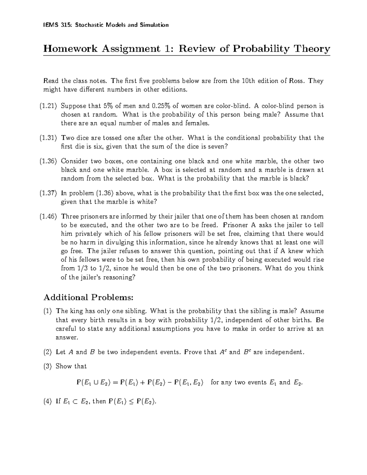 315-HW1 - Fall 2015 Homework 1 - Stochastic Models And Simulation ...